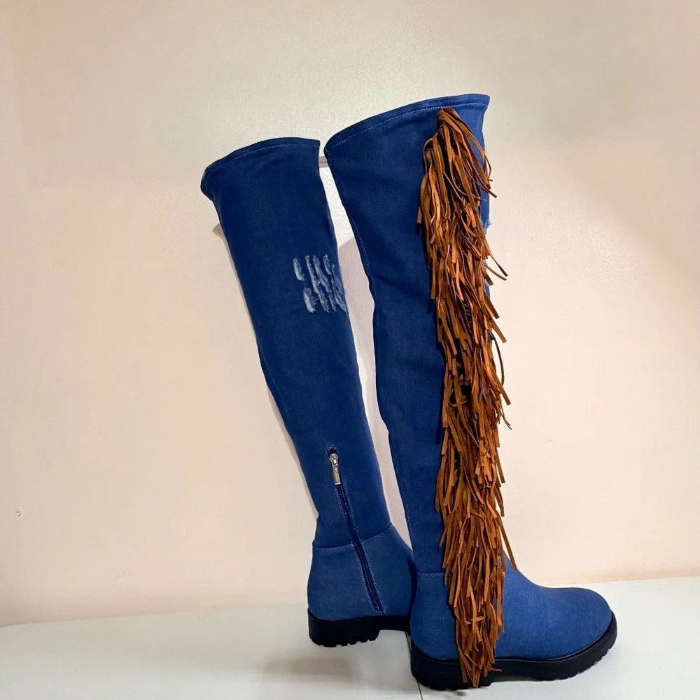 Cape Robbin Blue Denim Like Fabric Distressed Patches Fringe Detail OTK Boots